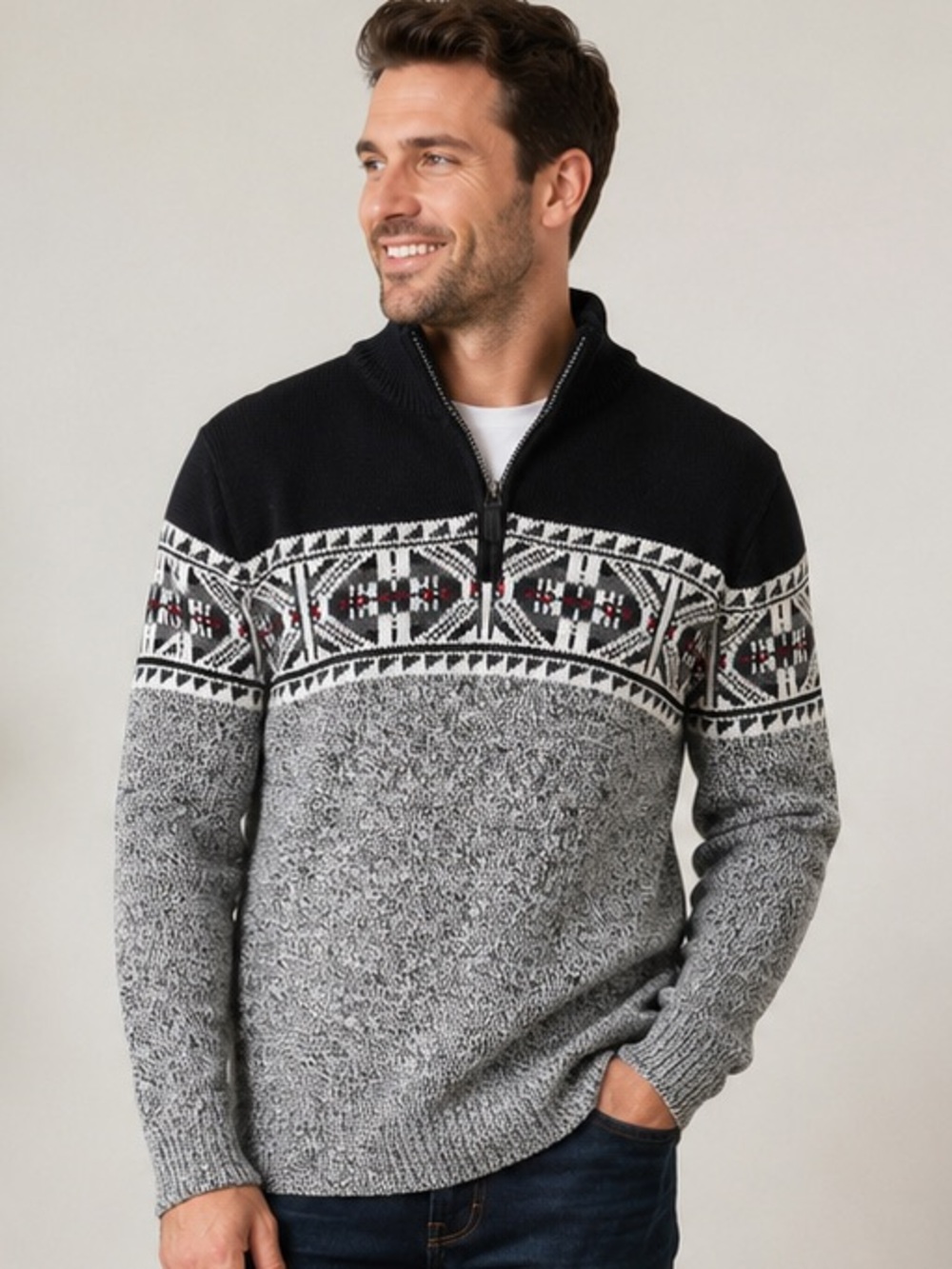 Chaps Men’s XL Fair Isle Quarter Zip Sweater Black Gray Red Winter Knit